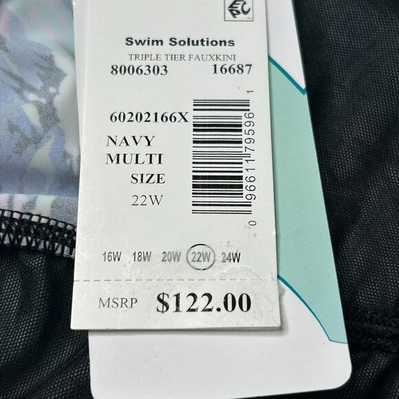 Swim Solutions Triple Tier Fauxknit One Piece Swimsuit Navy Multi Women 22W NWT - Picture 2 of 9